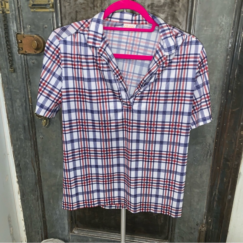 Vintage 60s 70s Red white and blue large mod plaid pattern short sleeve polo L